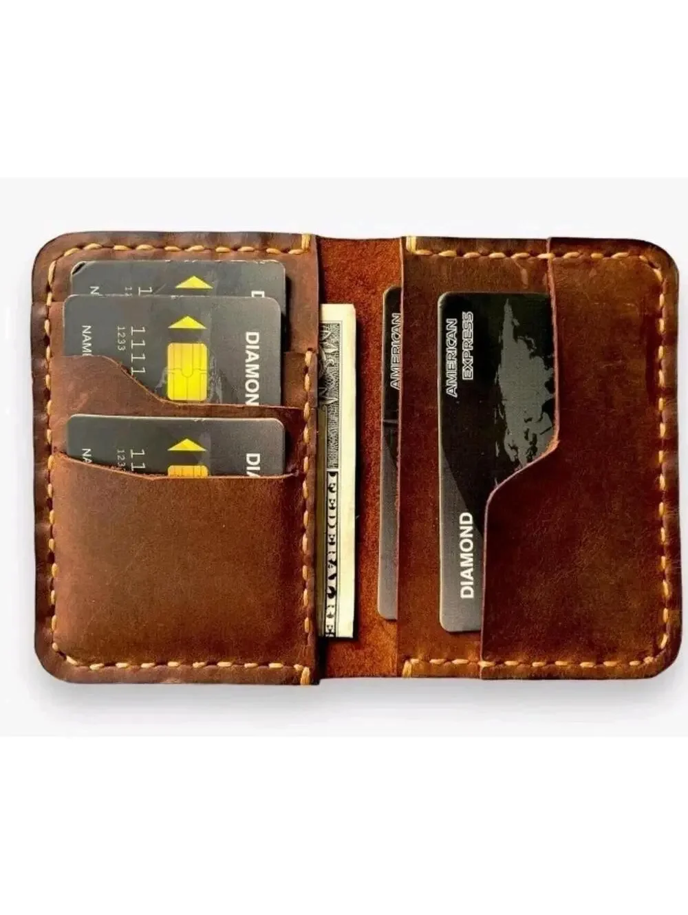 Unisex Slim Genuine Leather Wallet, Dark Brown, Double Hand Stitched
